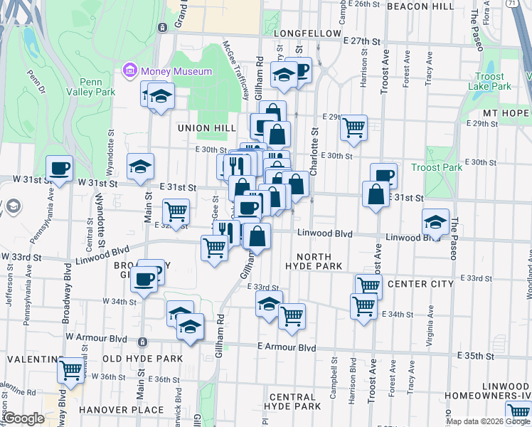 map of restaurants, bars, coffee shops, grocery stores, and more near 514 Linwood Boulevard in Kansas City