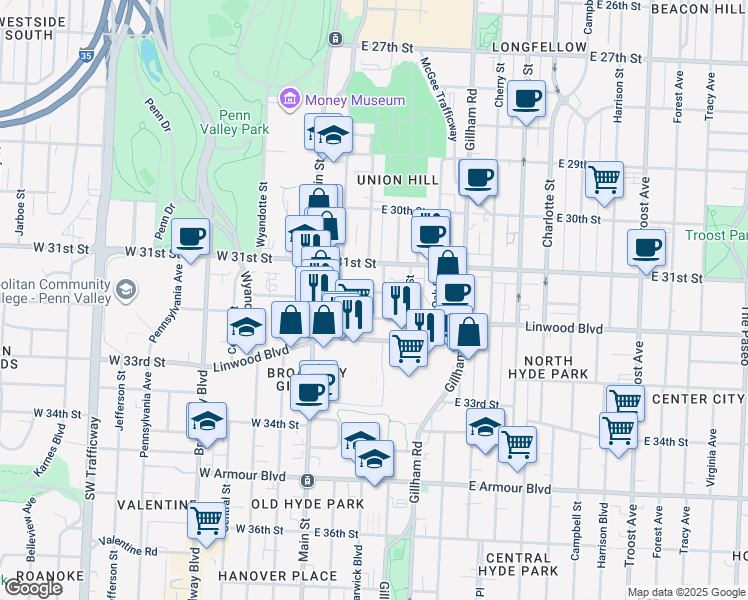 map of restaurants, bars, coffee shops, grocery stores, and more near 43 East 32nd Street in Kansas City
