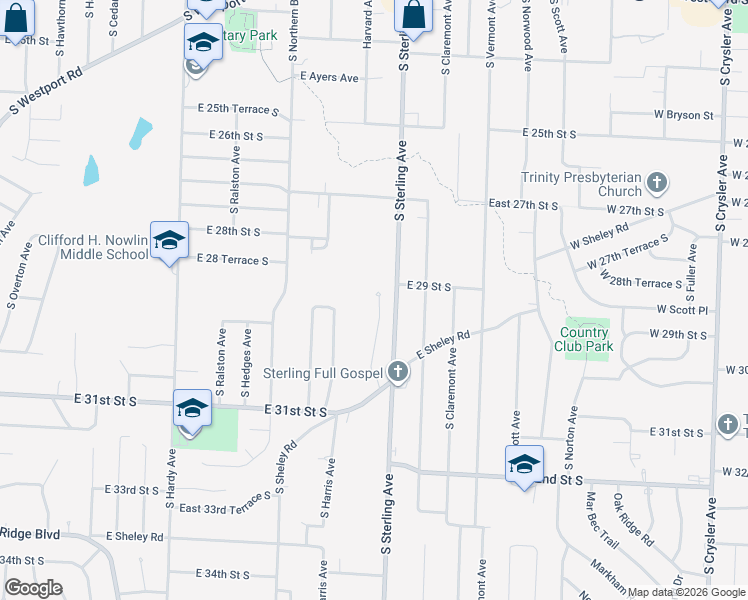 map of restaurants, bars, coffee shops, grocery stores, and more near 2912 South Harvard Avenue in Independence