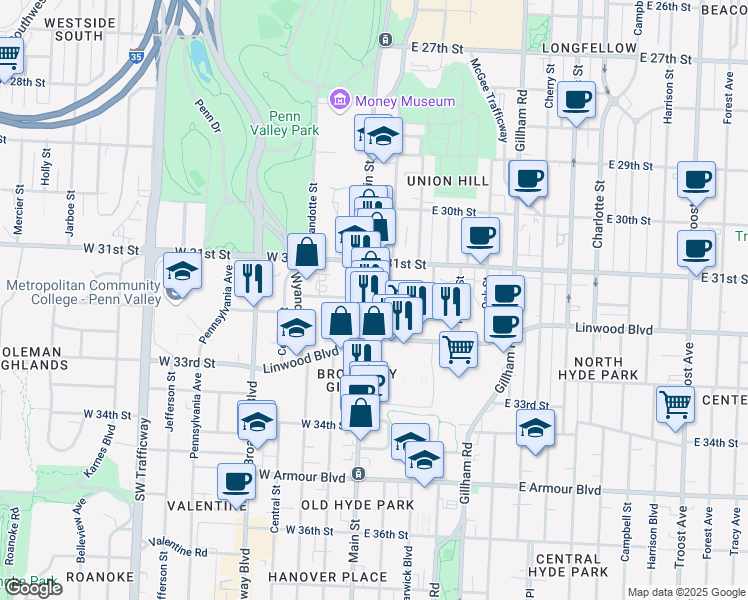 map of restaurants, bars, coffee shops, grocery stores, and more near 3145 Main Street in Kansas City