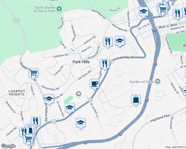 map of restaurants, bars, coffee shops, grocery stores, and more near 1500 Dixie Highway in Park Hills