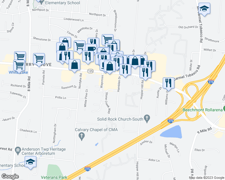 map of restaurants, bars, coffee shops, grocery stores, and more near 443 Yarrabee Trce in Cincinnati