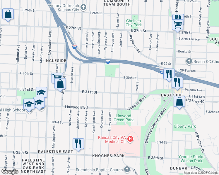 map of restaurants, bars, coffee shops, grocery stores, and more near 4601 East 31st Street in Kansas City