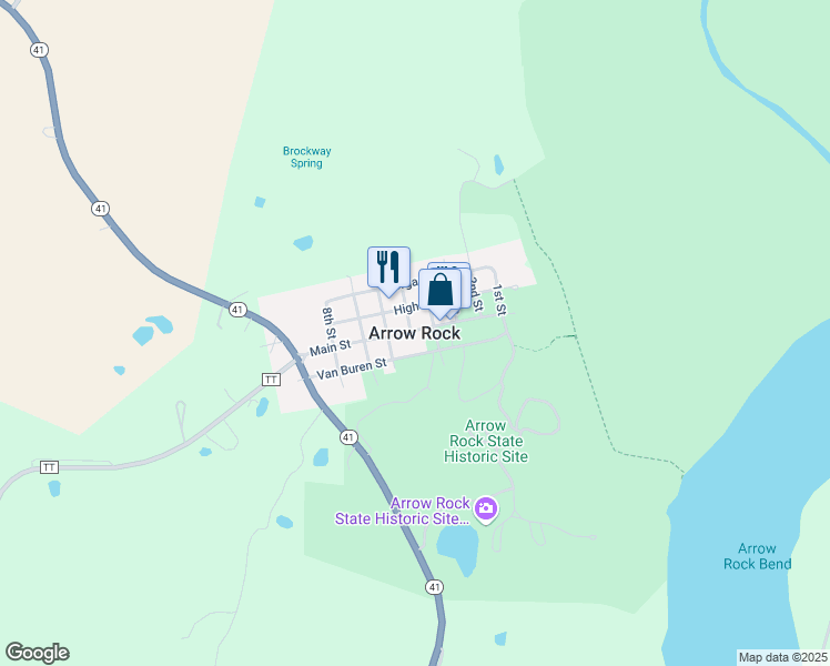 map of restaurants, bars, coffee shops, grocery stores, and more near in Arrow Rock
