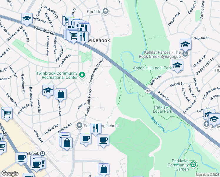 map of restaurants, bars, coffee shops, grocery stores, and more near 13013 Crookston Lane in Rockville