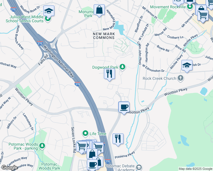map of restaurants, bars, coffee shops, grocery stores, and more near 1057 Grand Oak Way in Rockville