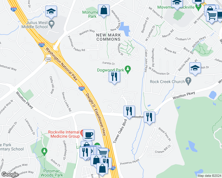 map of restaurants, bars, coffee shops, grocery stores, and more near 1057 Grand Oak Way in Rockville