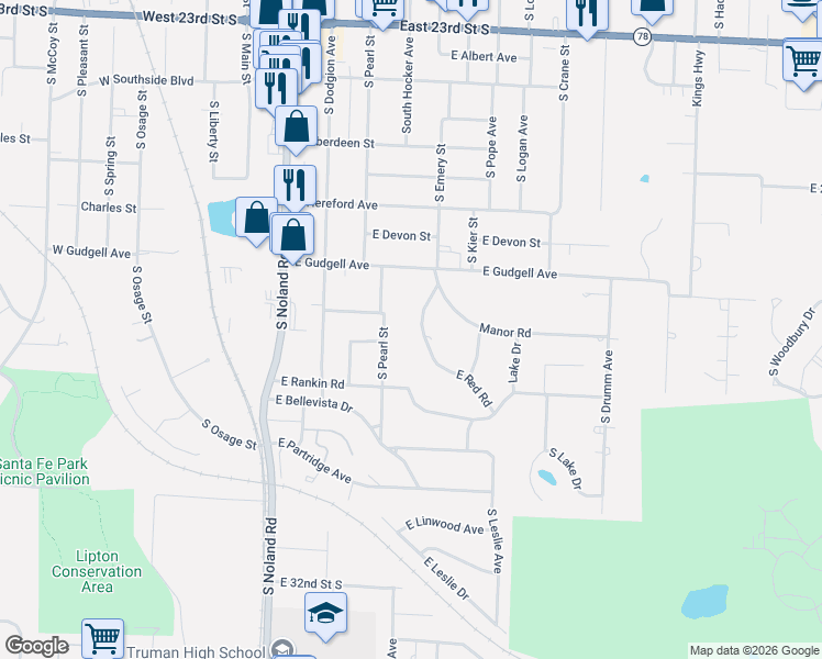 map of restaurants, bars, coffee shops, grocery stores, and more near 604 East Red Road in Independence
