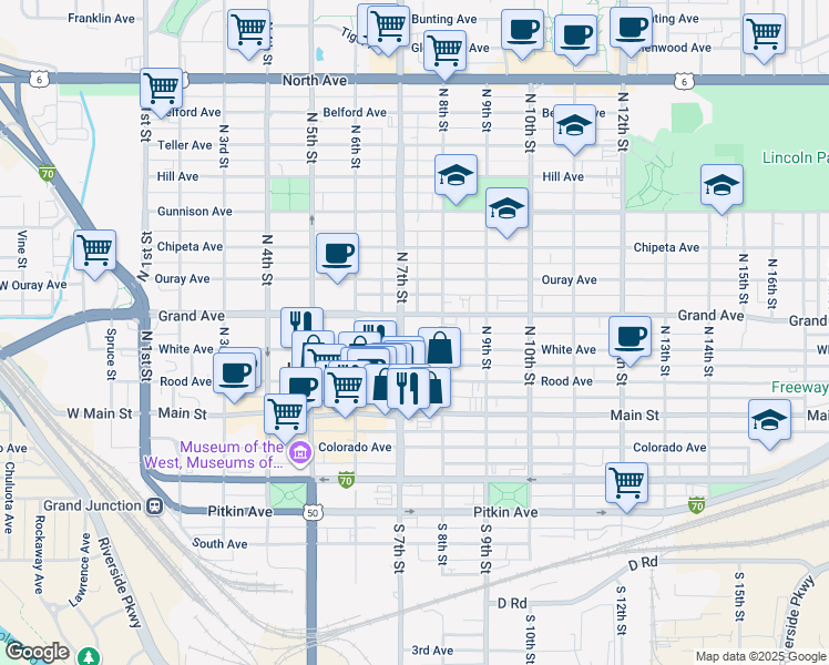 map of restaurants, bars, coffee shops, grocery stores, and more near 310 North 7th Street in Grand Junction