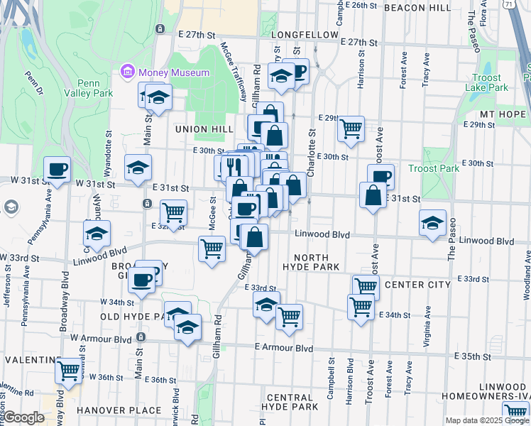 map of restaurants, bars, coffee shops, grocery stores, and more near in Kansas City