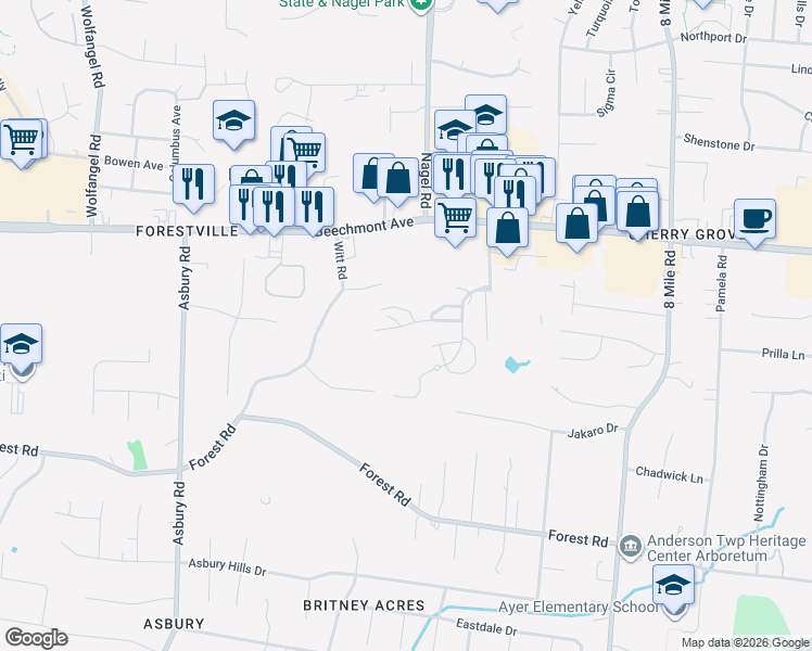 map of restaurants, bars, coffee shops, grocery stores, and more near 8042 Witts Mill Lane in Cincinnati