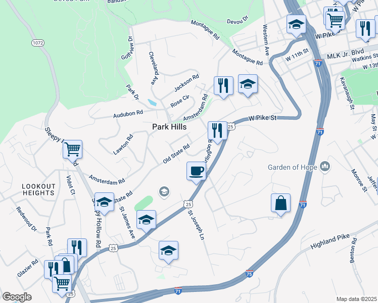 map of restaurants, bars, coffee shops, grocery stores, and more near 1145 Coram Street in Park Hills