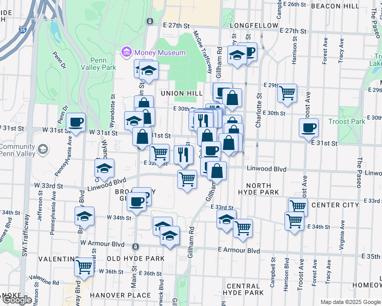 map of restaurants, bars, coffee shops, grocery stores, and more near 301 East 31st Street in Kansas City