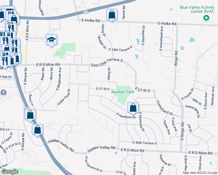 map of restaurants, bars, coffee shops, grocery stores, and more near 18206 East 27th Street South in Independence