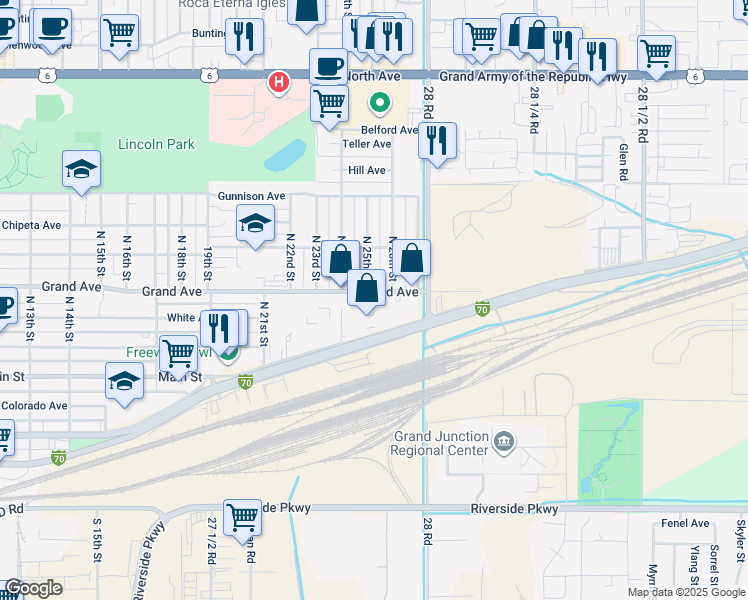 map of restaurants, bars, coffee shops, grocery stores, and more near 2539 Grand Avenue in Grand Junction