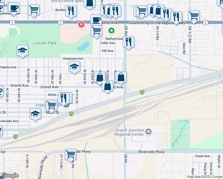 map of restaurants, bars, coffee shops, grocery stores, and more near 2541 Grand Avenue in Grand Junction