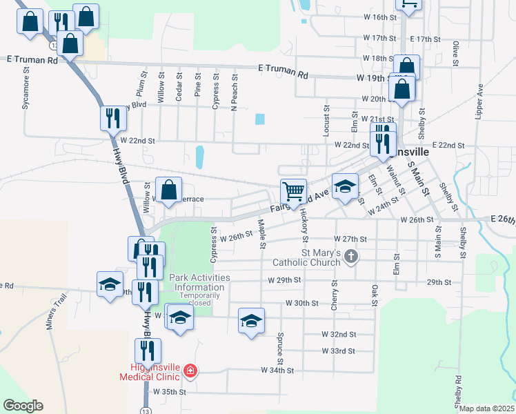 map of restaurants, bars, coffee shops, grocery stores, and more near 605 West 25th Terrace in Higginsville