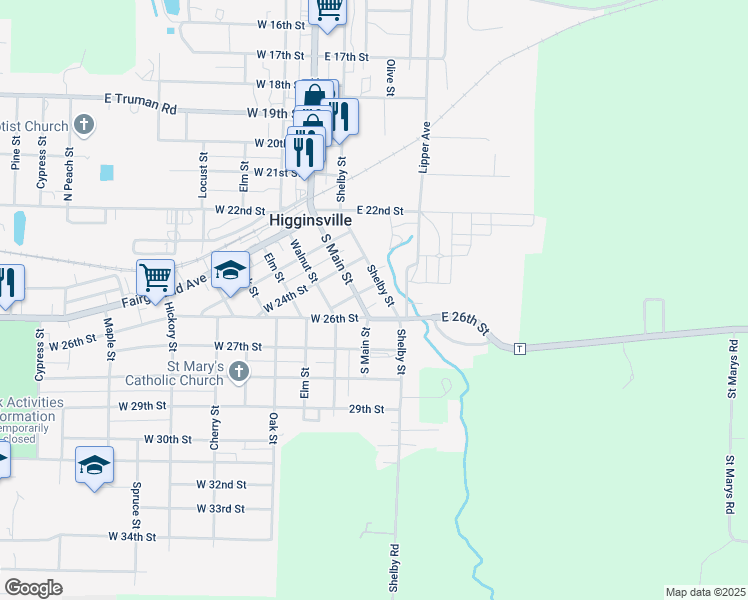 map of restaurants, bars, coffee shops, grocery stores, and more near 2404 Lipper Avenue in Higginsville