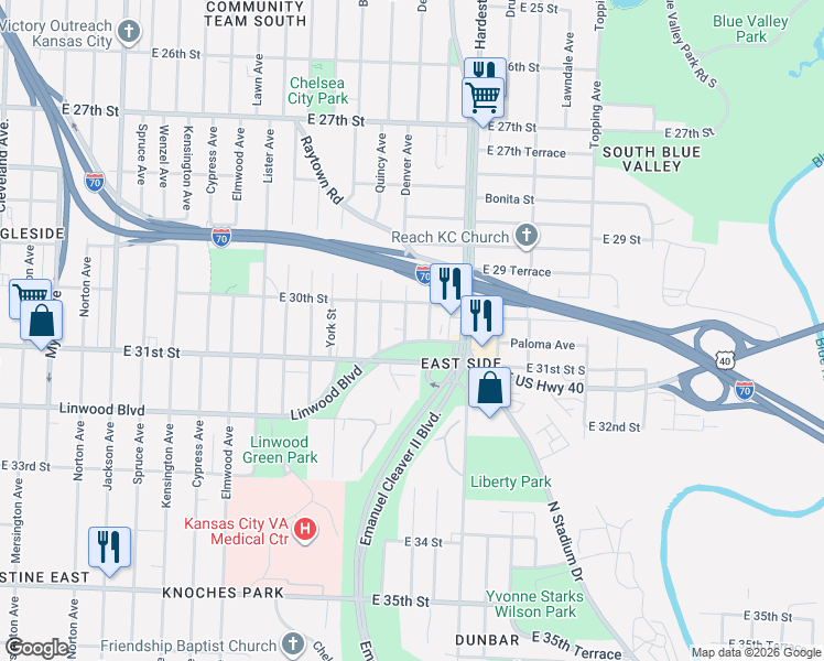 map of restaurants, bars, coffee shops, grocery stores, and more near 5211 East 30th Street in Kansas City