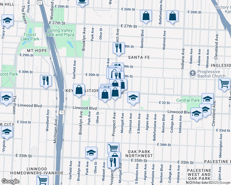 map of restaurants, bars, coffee shops, grocery stores, and more near Prospect Ave & E 31st St in Kansas City