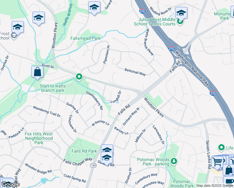 map of restaurants, bars, coffee shops, grocery stores, and more near 1405 Longhill Drive in Rockville