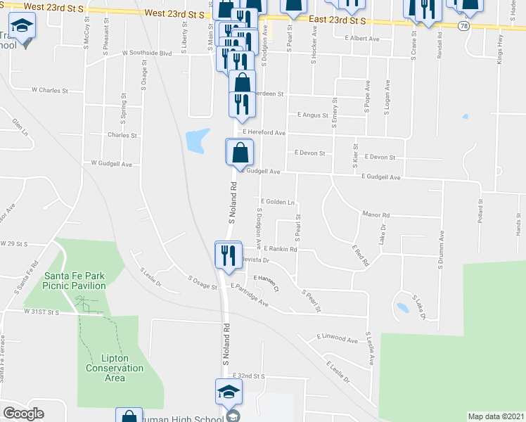 map of restaurants, bars, coffee shops, grocery stores, and more near 1801 South Dodgion Avenue in Independence