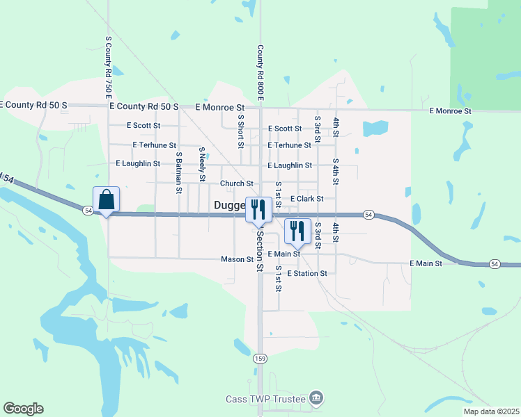 map of restaurants, bars, coffee shops, grocery stores, and more near County Road 800 East in Dugger