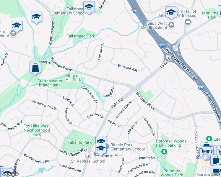 map of restaurants, bars, coffee shops, grocery stores, and more near 1405 Longhill Drive in Rockville