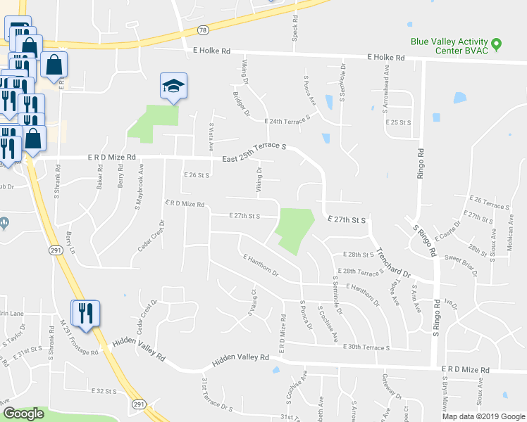 map of restaurants, bars, coffee shops, grocery stores, and more near 18208 E 27th Street South in Independence