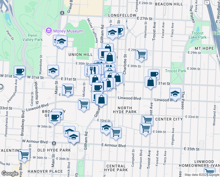 map of restaurants, bars, coffee shops, grocery stores, and more near in Kansas City