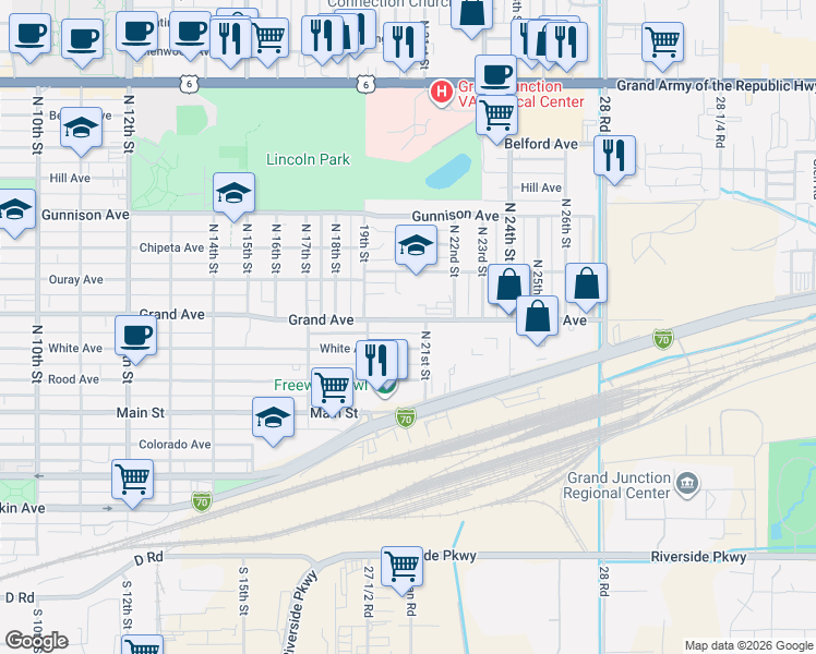 map of restaurants, bars, coffee shops, grocery stores, and more near 1940 Grand Avenue in Grand Junction