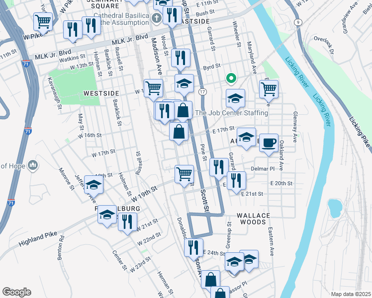 map of restaurants, bars, coffee shops, grocery stores, and more near 1705 Scott Boulevard in Covington