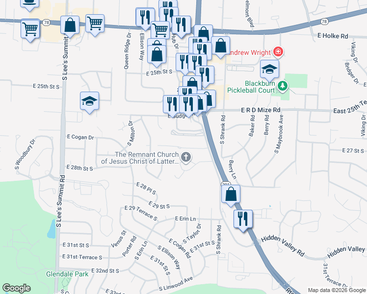 map of restaurants, bars, coffee shops, grocery stores, and more near 2200 M 291 Frontage Road in Independence