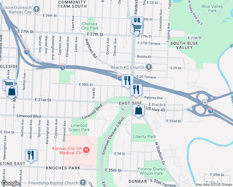 map of restaurants, bars, coffee shops, grocery stores, and more near 5211 East 30th Street in Kansas City