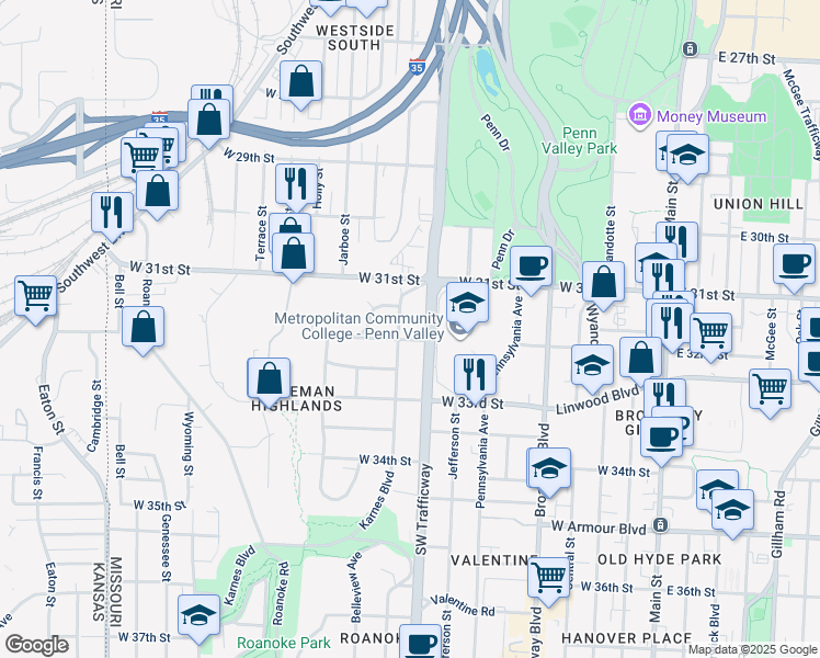 map of restaurants, bars, coffee shops, grocery stores, and more near 3118 Karnes Boulevard in Kansas City