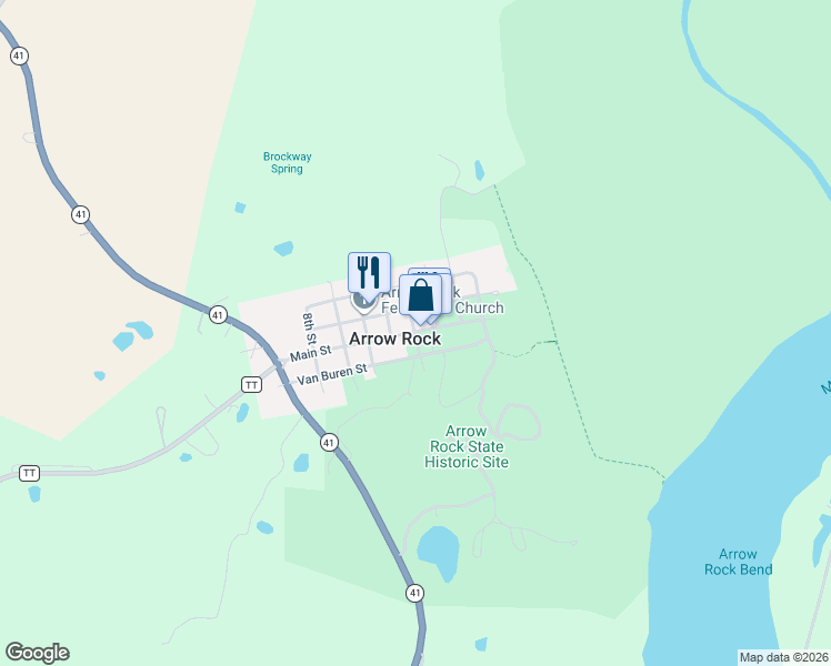 map of restaurants, bars, coffee shops, grocery stores, and more near 4th St in Arrow Rock