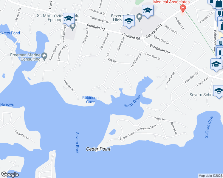 map of restaurants, bars, coffee shops, grocery stores, and more near 501 Ashberry Lane in Severna Park