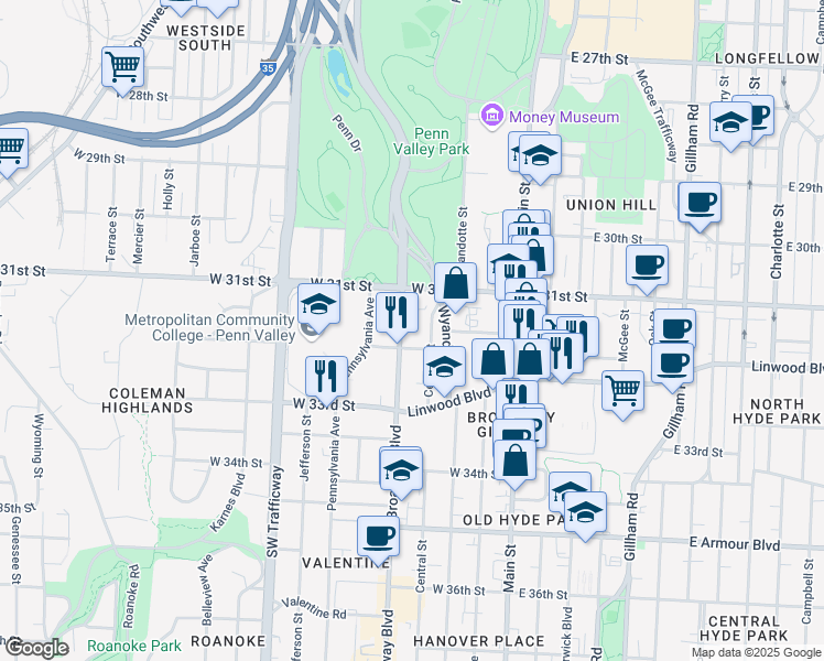 map of restaurants, bars, coffee shops, grocery stores, and more near in Kansas City