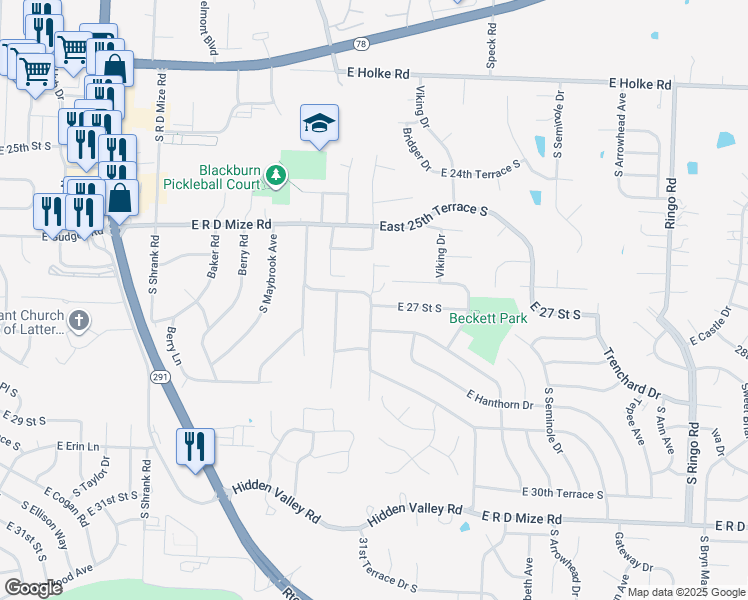 map of restaurants, bars, coffee shops, grocery stores, and more near 17908 East R D Mize Road in Independence