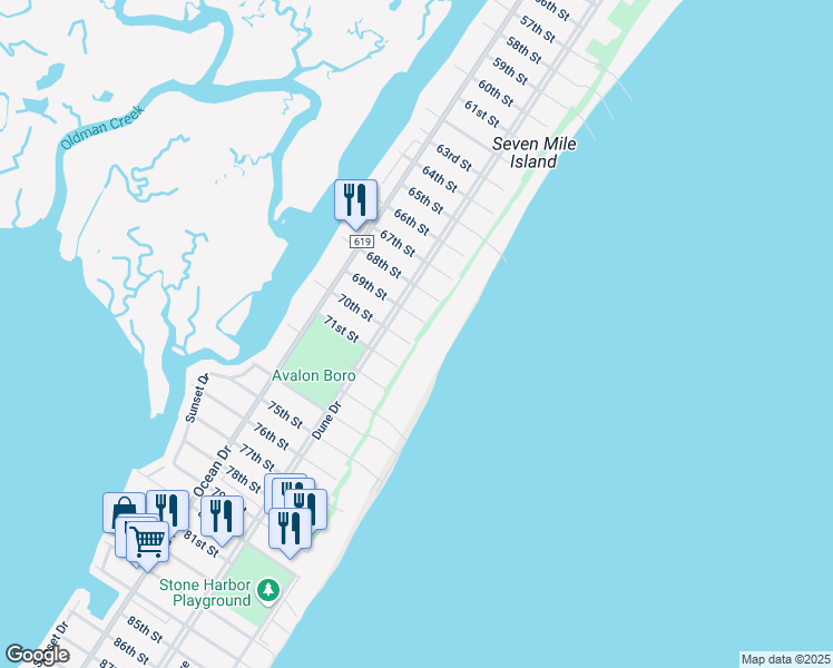 map of restaurants, bars, coffee shops, grocery stores, and more near 165 69th Street in Avalon