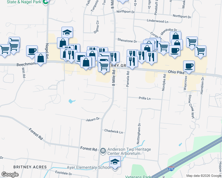map of restaurants, bars, coffee shops, grocery stores, and more near 1121 8 Mile Road in Cincinnati