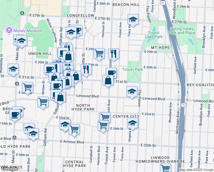 map of restaurants, bars, coffee shops, grocery stores, and more near 3100 Troost Avenue in Kansas City