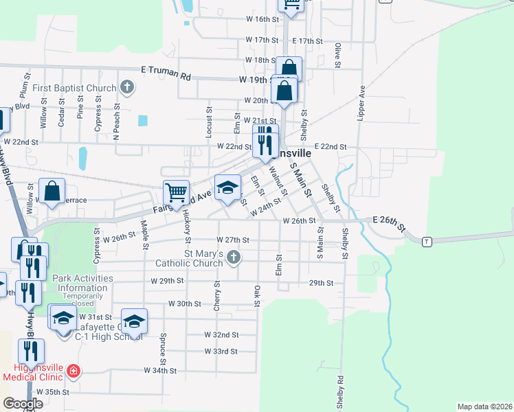 map of restaurants, bars, coffee shops, grocery stores, and more near 201 West 23rd Street in Higginsville