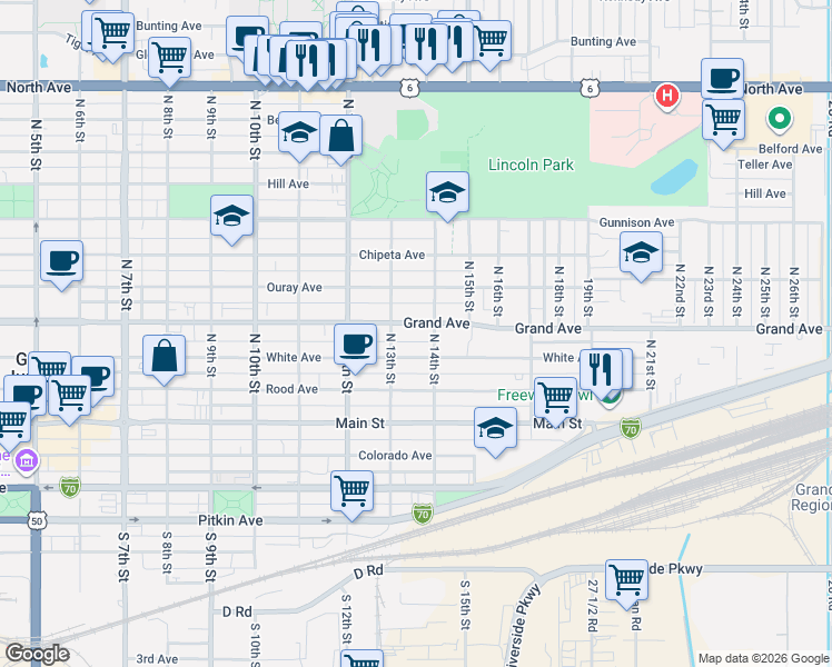 map of restaurants, bars, coffee shops, grocery stores, and more near 1302 Grand Avenue in Grand Junction