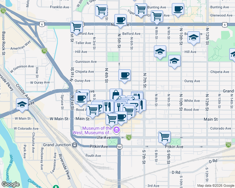 map of restaurants, bars, coffee shops, grocery stores, and more near 502 Grand Ave in Grand Junction