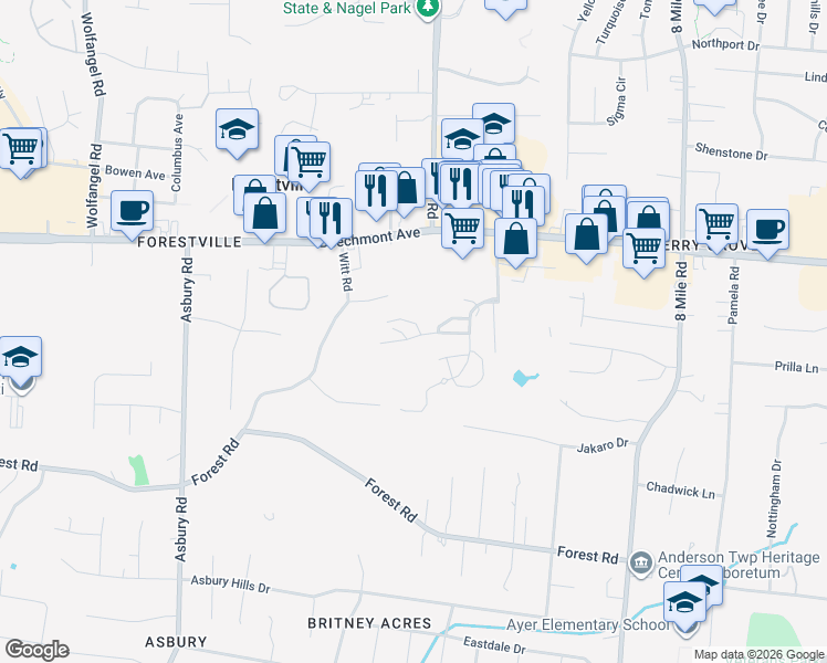 map of restaurants, bars, coffee shops, grocery stores, and more near 8042 Witts Mill Lane in Cincinnati
