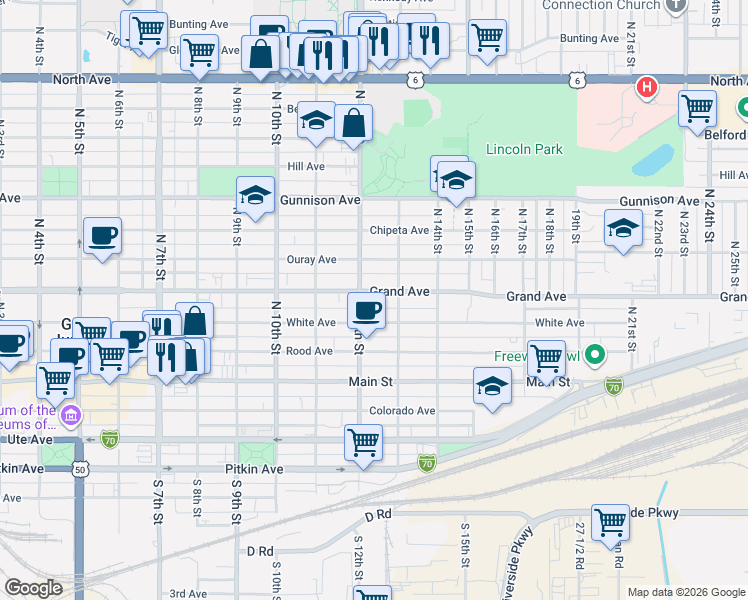 map of restaurants, bars, coffee shops, grocery stores, and more near 1212 Grand Avenue in Grand Junction