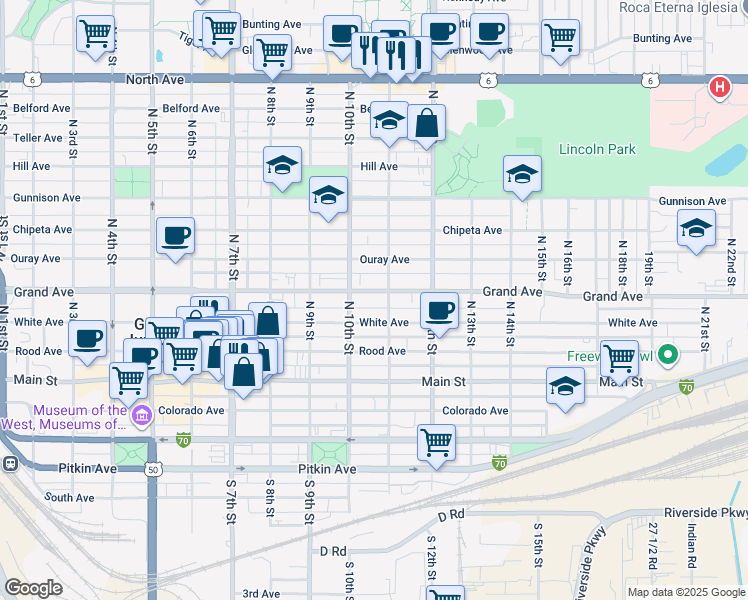 map of restaurants, bars, coffee shops, grocery stores, and more near 1042 Grand Avenue in Grand Junction