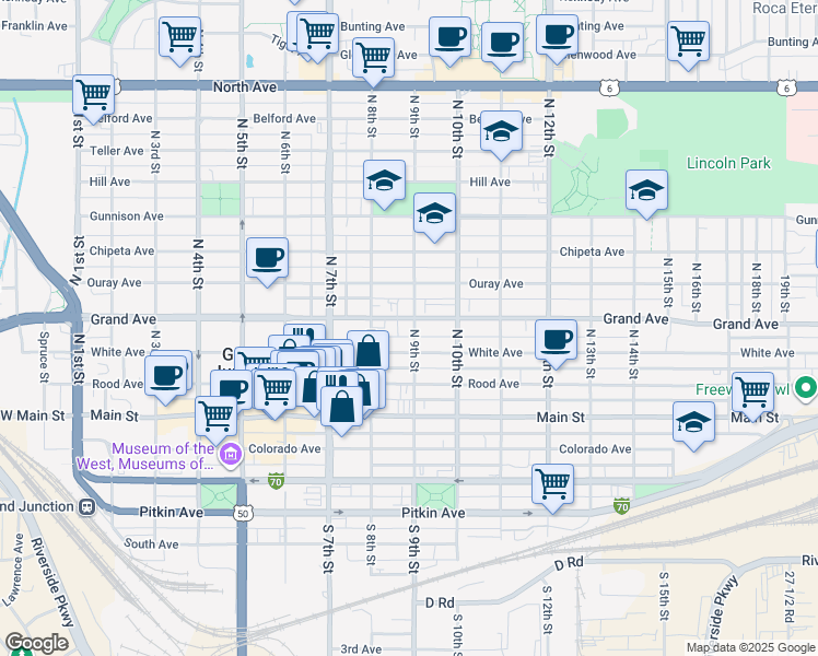 map of restaurants, bars, coffee shops, grocery stores, and more near 850 Grand Avenue in Grand Junction