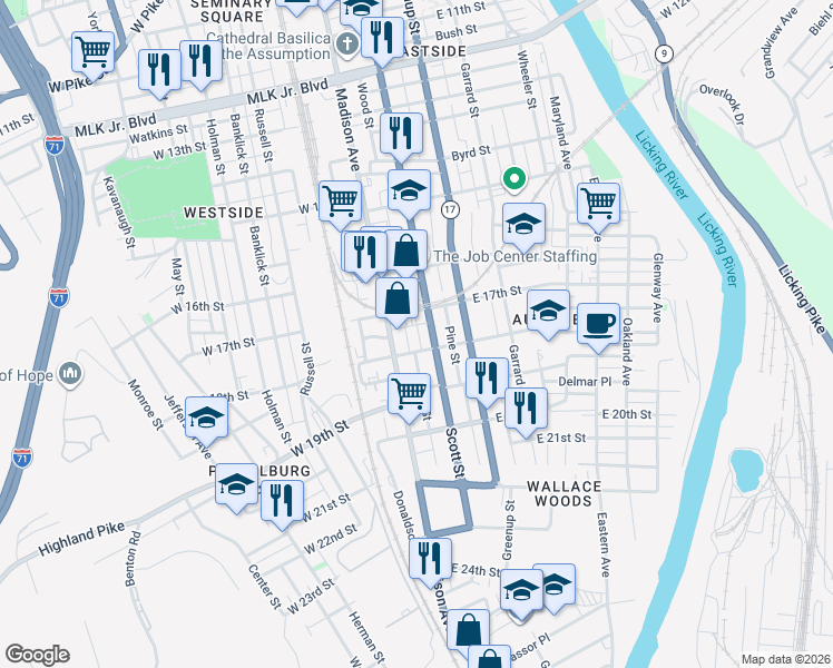 map of restaurants, bars, coffee shops, grocery stores, and more near 1705 Scott Boulevard in Covington